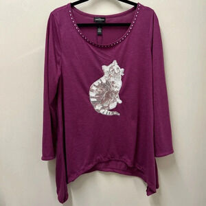 Karen‎ Brooks Womens  Blouse Top 1X Magenta Shirt Bling Sequin Karma Cat NWT